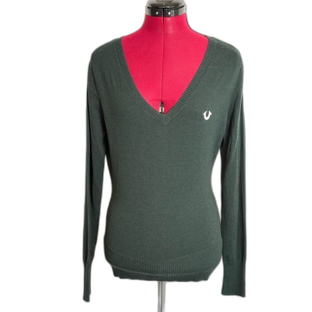 NWT True Religion V-Neck Sweater Woman's Size Medium Scarab Gray Long Sleeve